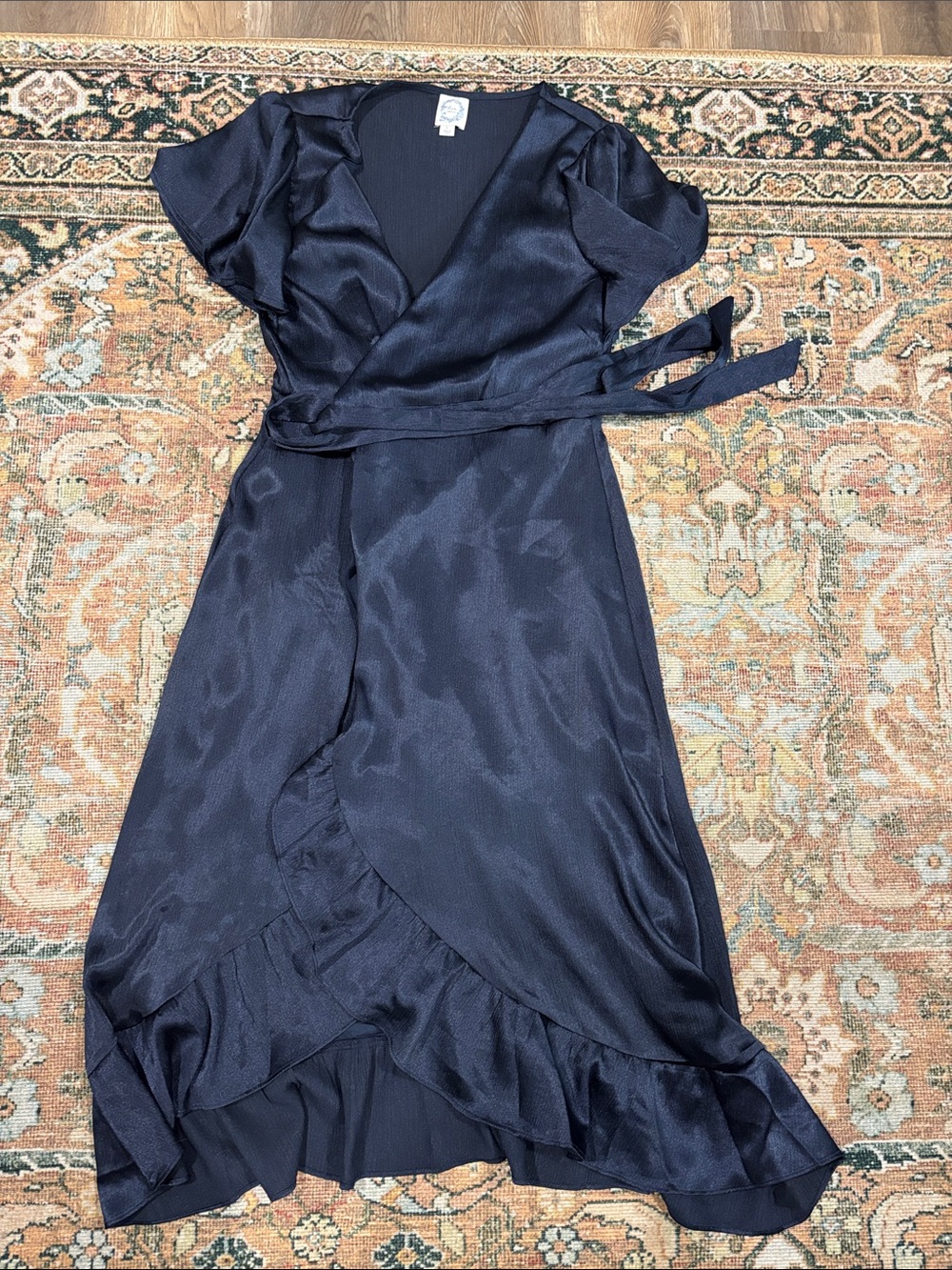 Blue Rain Navy Wrap Midi Dress with Ruffle Trim